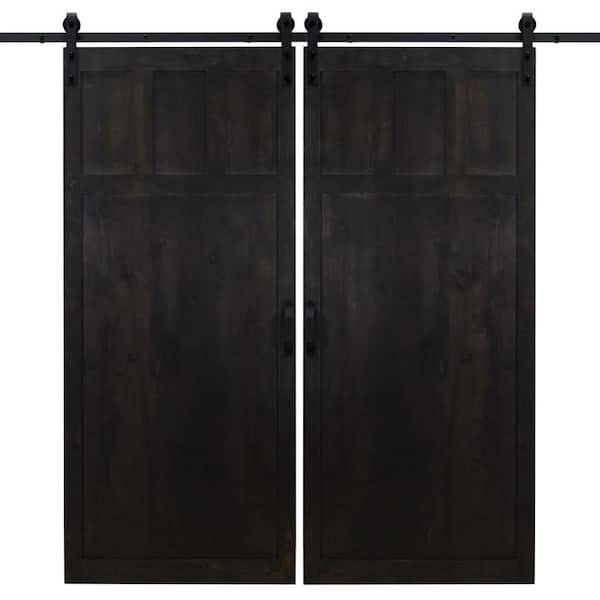 Dogberry 42 in. x 84 in. Midnight Black Craftsman Wood Double Sliding Barn Door with Hardware Kit