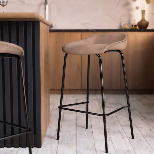 Servos Modern Barstool with Upholstered Faux Leather Seat and Powder Coated Iron Frame, Set of 2 (Sand Brown)
