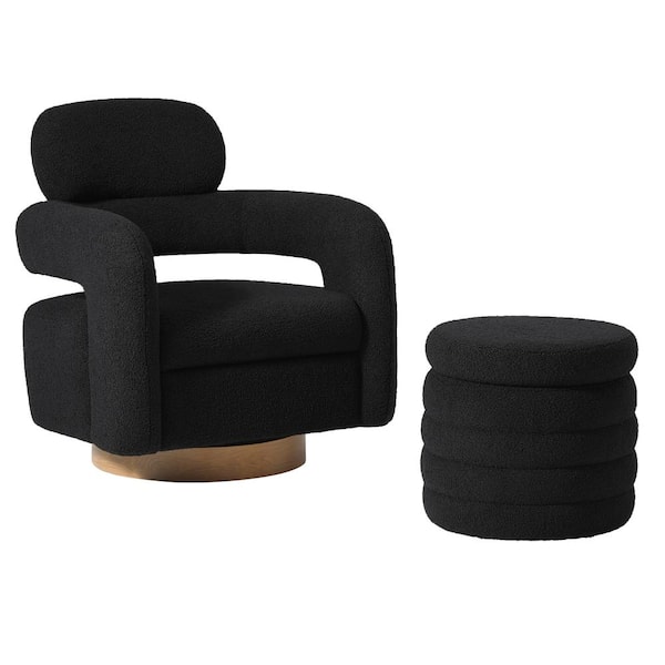 Bayville Modern 2-Piece Sherpa Swivel Accent Chair Set with Round Storage Footstool Ottoman in Black