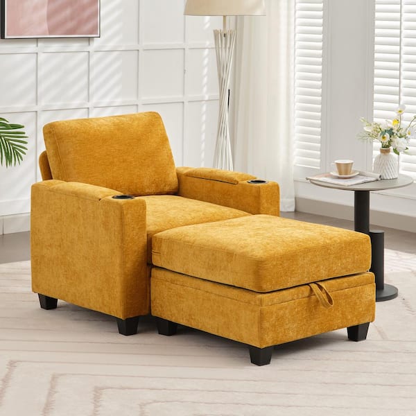 Modern Yellow Chenille Storage Accent Armchair with Cup Holder and Ottoman for Living
