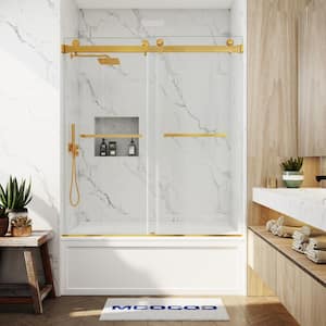 60 in. W x 60 in. H Double Sliding Frameless Tub Door in Brushed Gold with Smooth Sliding and 3/8 in.(10 mm) Clear Glass
