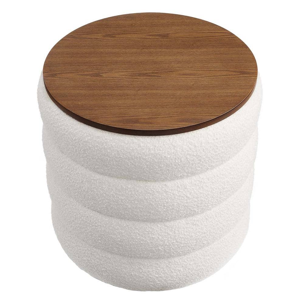 Cloud Boucle Fabric Round Storage Ottoman with Wood Grain Veneer Lid