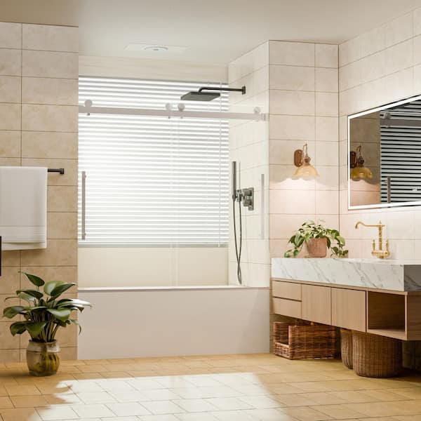 56 to 60 in. W x 60 in. H Soft-Close Frameless Double Sliding Tub Door in Brushed Nickel with 5/16 in. Clear Glass