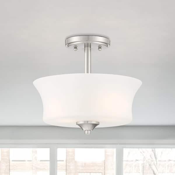 Designers Fountain Bronson 12 in. 2-Light Brushed Nickel Mid-century Entryway Semi-Flush Mount with Frosted Glass Shade
