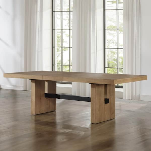 Aubrey Brown Wood 78 in. Trestle Base Dining Table Seats 10 with 18 in. Leaf