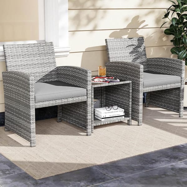 3-Piece Wicker Patio Conversation Set with Tempered Glass Coffee Table and Soft Seat Gray Cushions
