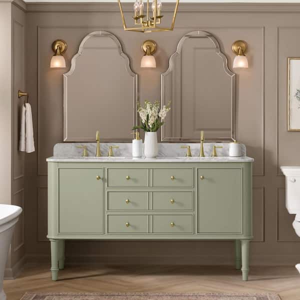 Collette 60 in. Double Sink Freestanding Bathroom Vanity in Moss Green with White Carrara Marble Top (Assembled)