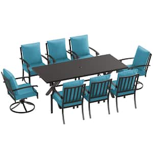 9-Piece Metal Patio Outdoor Dining Set with 2 Swivel Chairs, 6 Chairs, Large Table, Umbrella Hole and Blue Cushions
