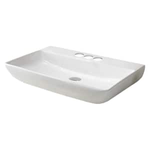 28 in. W Above Counter White Rectangular Bathroom Vessel Sink For 3 Hole 4 in. Center Drilling