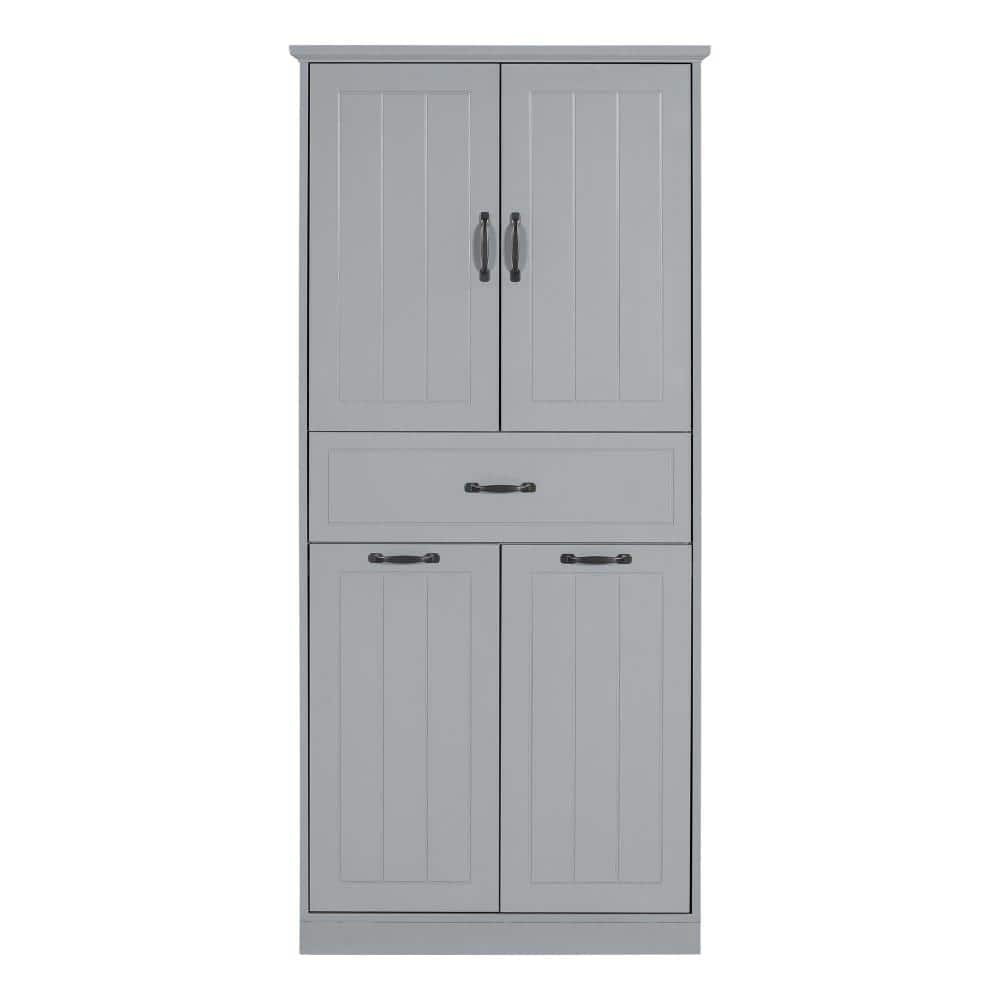 30 in. W x 16 in. D x 66 in. H Gray Linen Cabinet, Bathroom Storage Cabinet with 2 Laundry Baskets, Adjustable Shelves