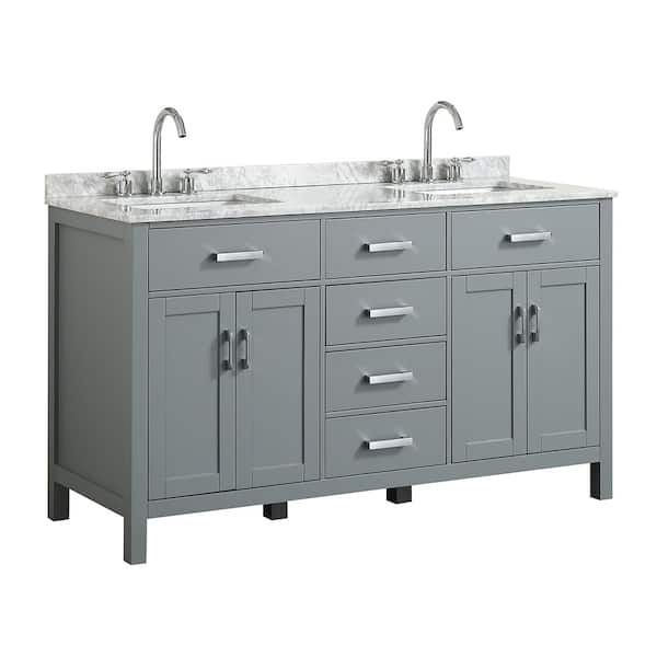 BEAUMONT DECOR Hampton 61 in. W x 22 in. D Bath Vanity in Grey with Marble Vanity Top in White