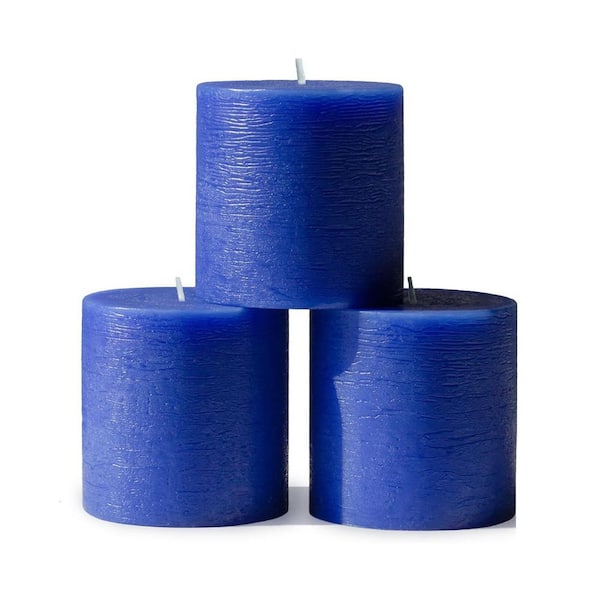 Blue Unscented Paraffin Wax Single Wick Dripless Pillar Candle 3-Pack