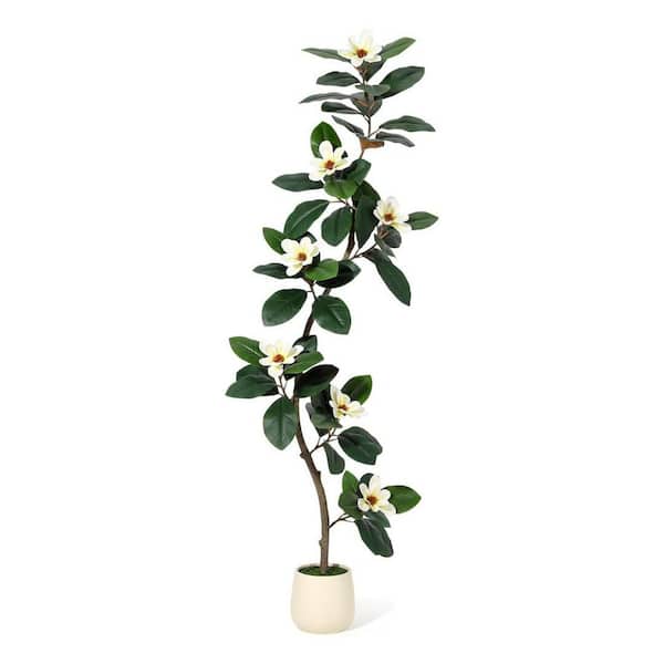 6FT Artificial Magnolia Tree, Fake Plants with White Planters, Artificial Plants Indoor with 7 Pcs Magnolia Flowers