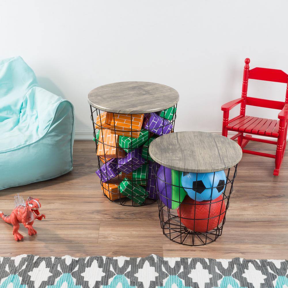 Gray Round Wood and Metal Nesting End Tables with Storage