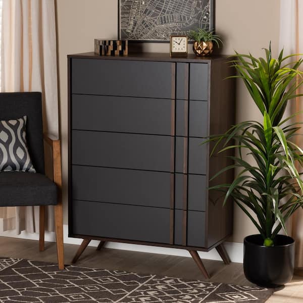 Baxton Studio Naoki 5-Drawer Grey and Walnut Wood Chest