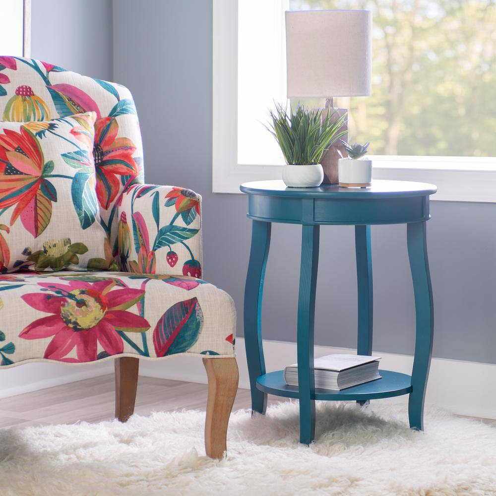Teal Round Wood End Table with Shelf and Cabriole Legs