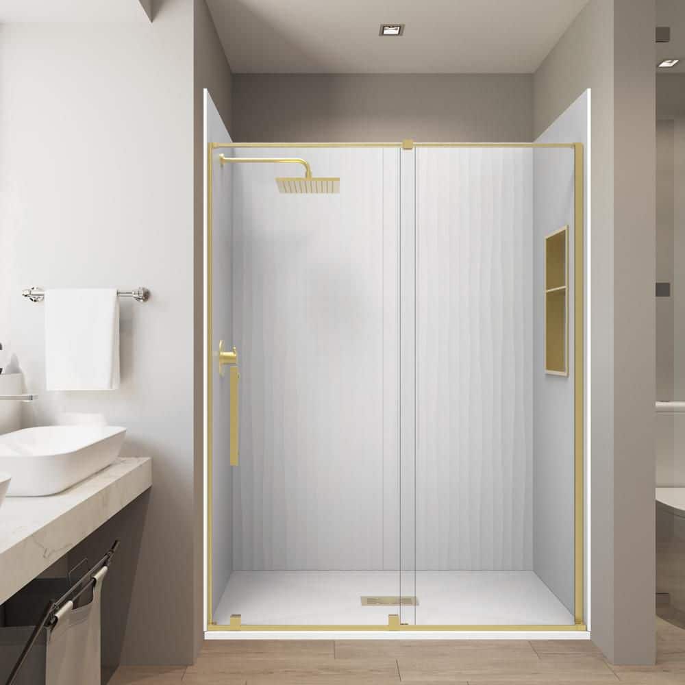 White/Waves 36in. x 60 x 84 Combo Solid Composite Stone Alcove Shower Kit Matching Brushed Gold Door, Niche & Drain price history on PriceWatchPro