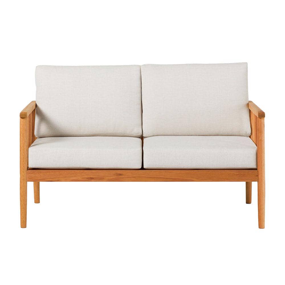 Natural Wood Outdoor Loveseat with White Cushions and Backrest for Deck, Ba