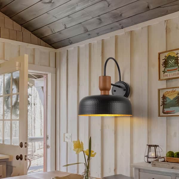 Nathan Farmhouse 12.2 in. 1-Light Gooseneck Black Barn Hammer Wall Sconce