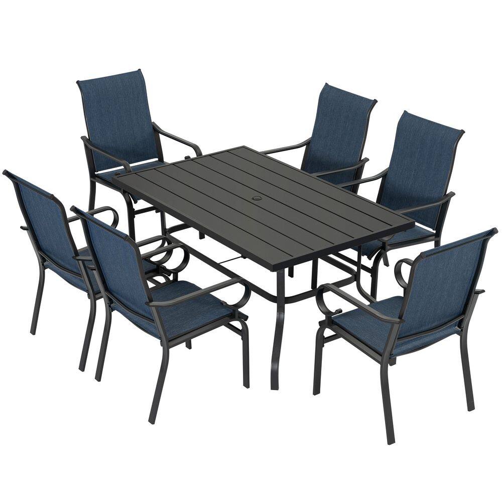 Black 7-Piece Textilene and Metal Rectangular Outdoor Dining Set, Breathable Textilene, Slatted Tabletop, Umbrella Hole price history on PriceWatchPro
