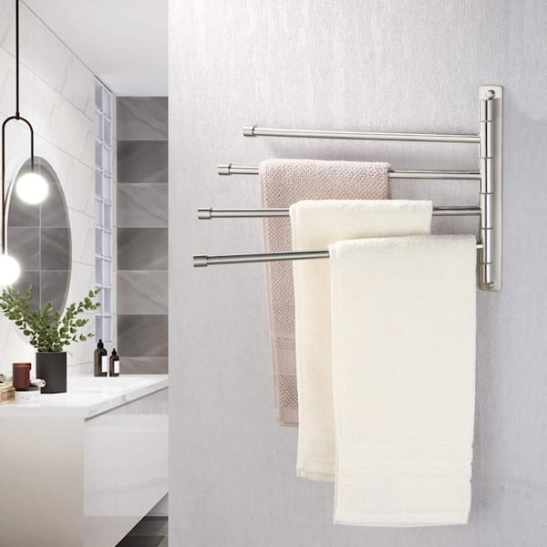 Swing 4 Arm Towel Rack Wall Bathroom Kitchen Hanger Rotatable Bars Holder Chrome 