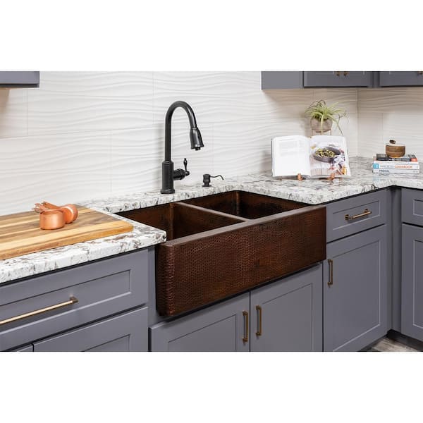 Premier Copper Products All-in-One Undermount Hammered Copper 33 in. 0-Hole 50/50 Double Bowl Kitchen Sink in Oil Rubbed Bronze