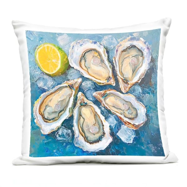 Lemon & Oysters Seafood Blue Square Outdoor Throw Pillow