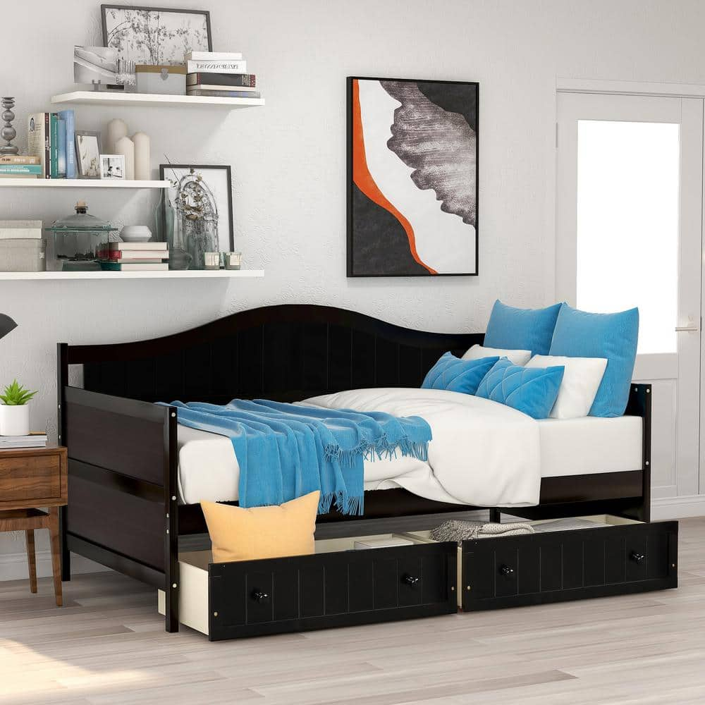 Harper And Bright Designs Espresso Twin Size Wooden Daybed With 2 Drawers Wf192860aap The Home Depot 