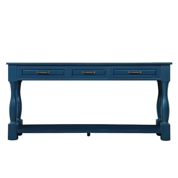 Unbranded 63.38 in. W x 14.56 in. D x 30.00 in. H Navy Blue Linen Cabinet Console Table with 3 Drawers and 1 Bottom Shelf