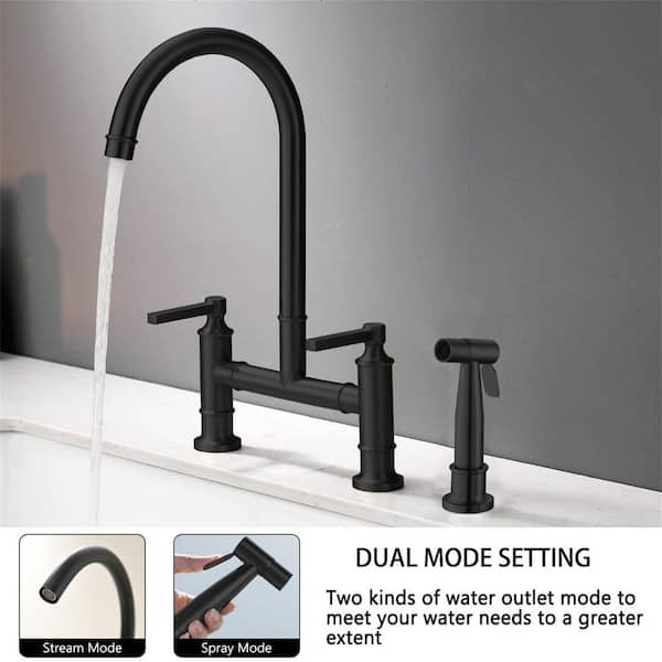 Double Handle Transitional Bridge Kitchen Faucet with Pull-out Side Sprayer in Matte Black