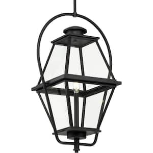 Bradshaw 25.62 in 1-Light Textured Black Clear Glass Transitional Outdoor Hanging Lantern Light