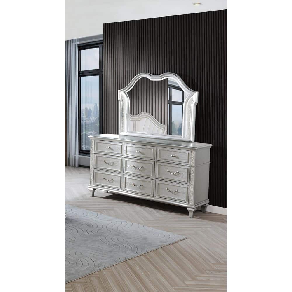 silver long dresser Furniture of America Seabliss Silver Glam 9 Drawer 62 in. Wide Dresser With Mirror IDF-7416SV-DM