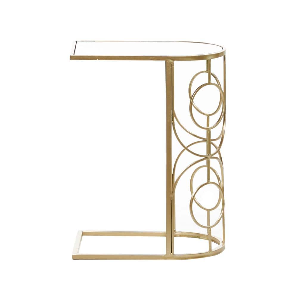 Gold Metal and Mirrored Glass C-Shaped Accent Table
