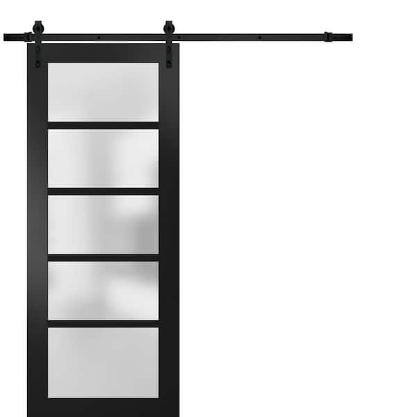 Sartodoors 24 in. x 80 in. 5-Panel Black Finished Solid MDF Sliding Door with Black Barn Hardware