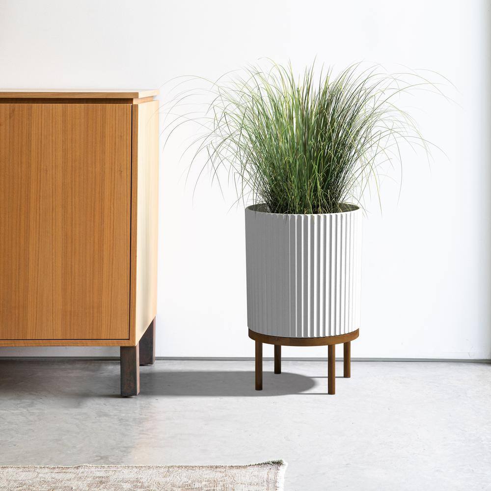 White Fluted Concrete-Composite Planter with Acacia Wood Stand
