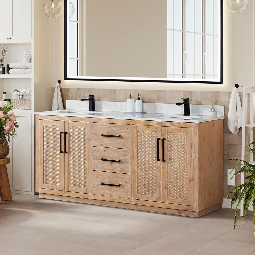 Light Brown Double Sink Freestanding Vanity with Rattan Doors and Quartz Top