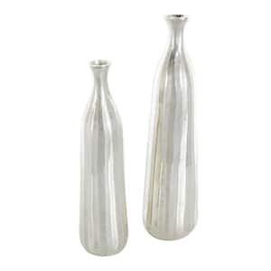 Silver Aluminum Metal Decorative Vase with Wavy Accents and Textured Ridges (Set of 2)