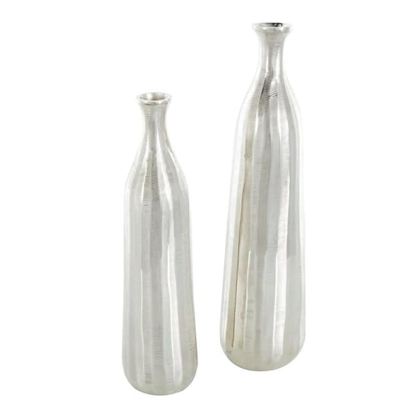 Litton Lane Silver Aluminum Metal Decorative Vase with Wavy Accents and Textured Ridges (Set of 2)