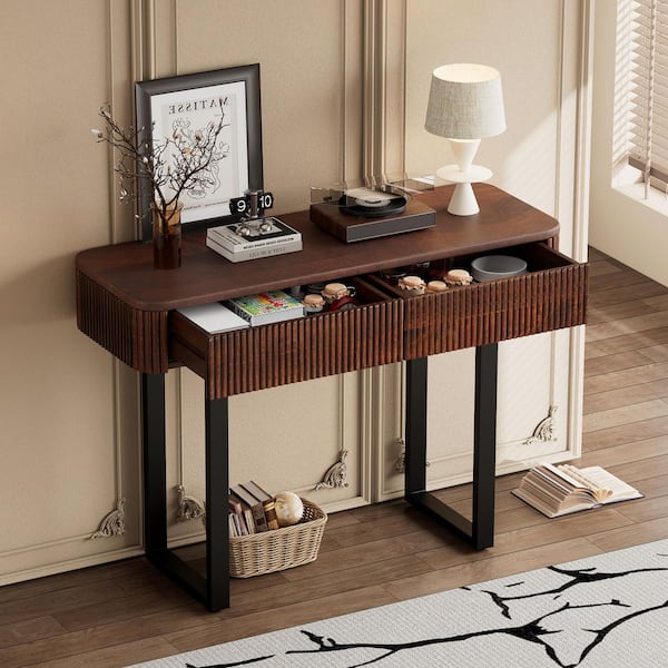 Harper & Bright Designs 42 in. Honey and Black Rectangle Solid Wood Entryway Table Fluted Design Modern Console Table with Drawers, Metal Legs