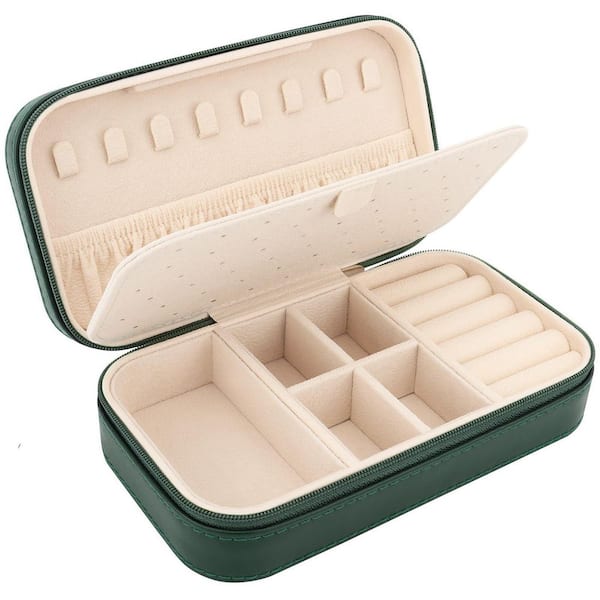 3.93 x 1.96 in. Dark Green PU Leather Travel Jewelry Box with Multi-Section Organizer for Rings Earrings Necklaces