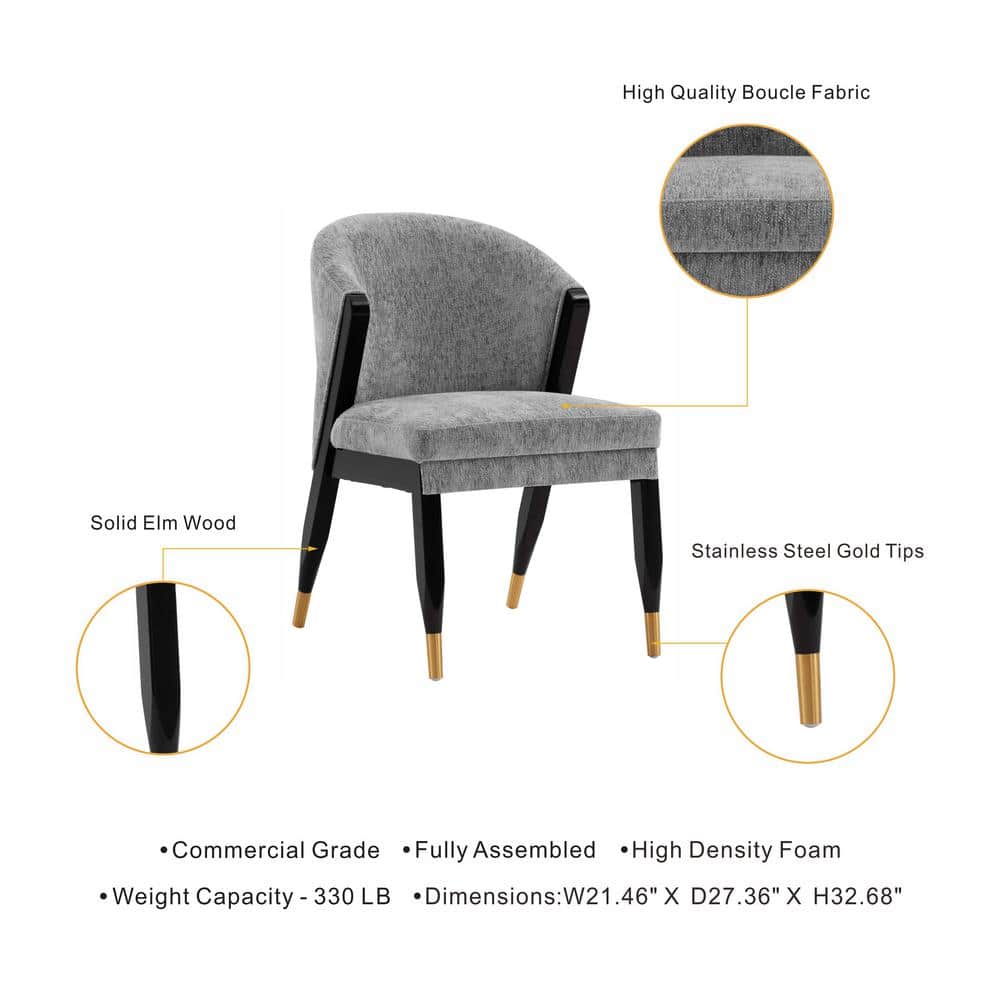 Gray Boucle Upholstered Side Chair with Elm Wood Legs