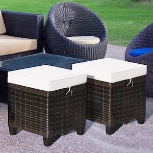 2-Piece Wicker Outdoor Patio Ottoman with Beige Cushions