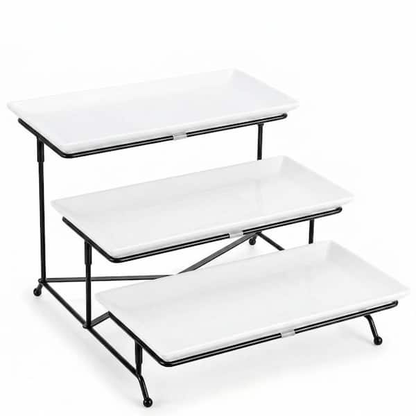 3-Tier White Porcelain Cake Stand with Collapsible Metal Rack, 12 in. Rectangular Serving Tray Set