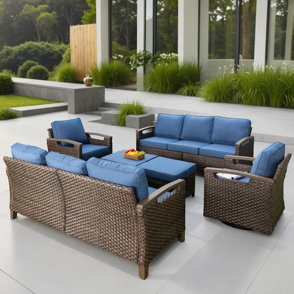 6-Piece Wicker Patio Conversation Set with Blue Cushions
