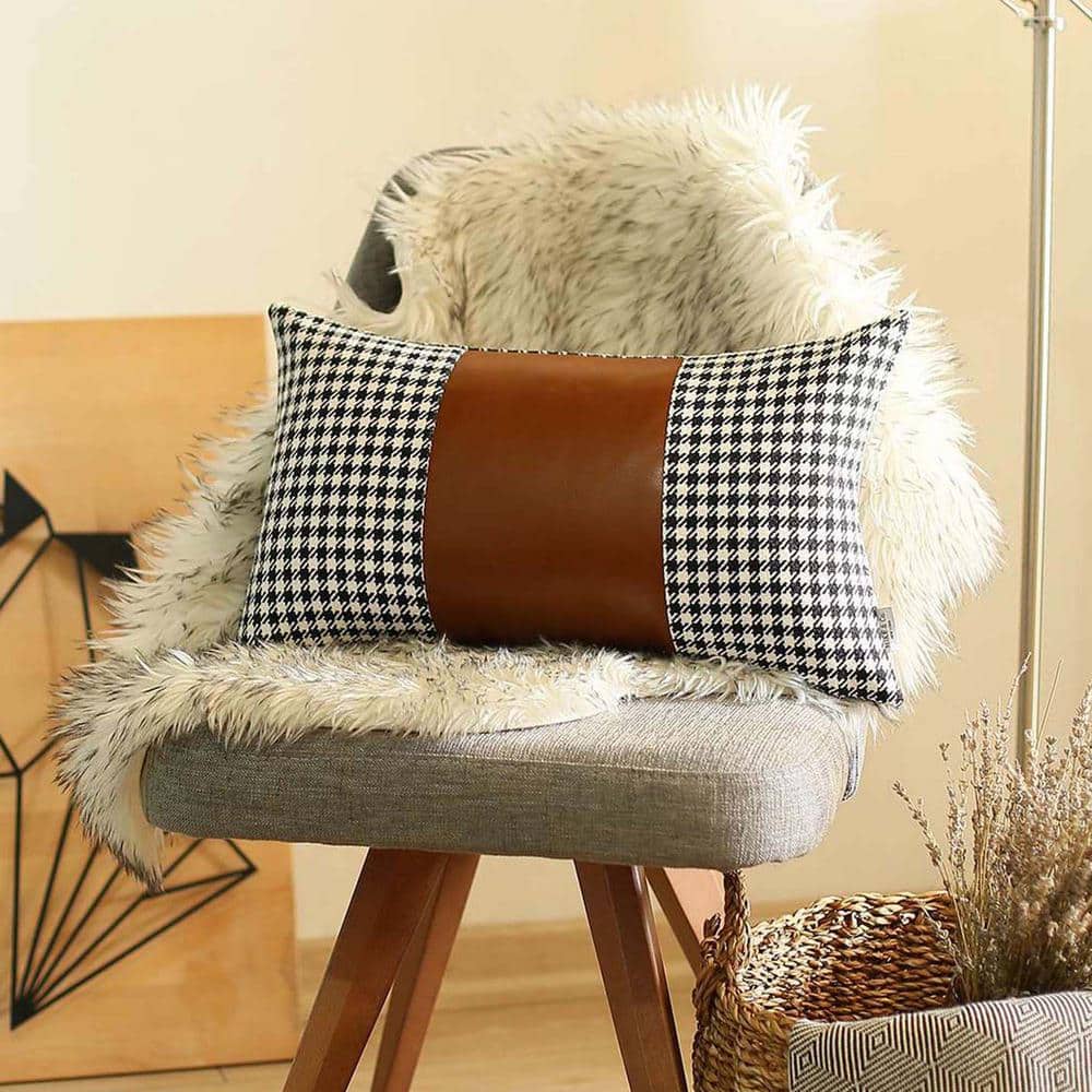 Boho-Chic Black and Brown Vegan Faux Leather Houndstooth Lumbar Pillow Cover