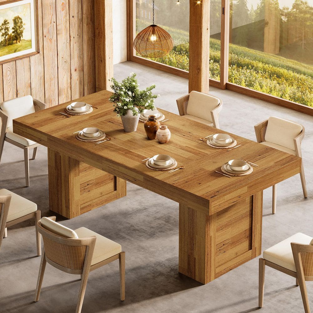 Roesler Farmhouse Light Brown 63 in. Wood Double Pedestal Dining Table, Rectangle Dining Table for Kitchen, Seat 6