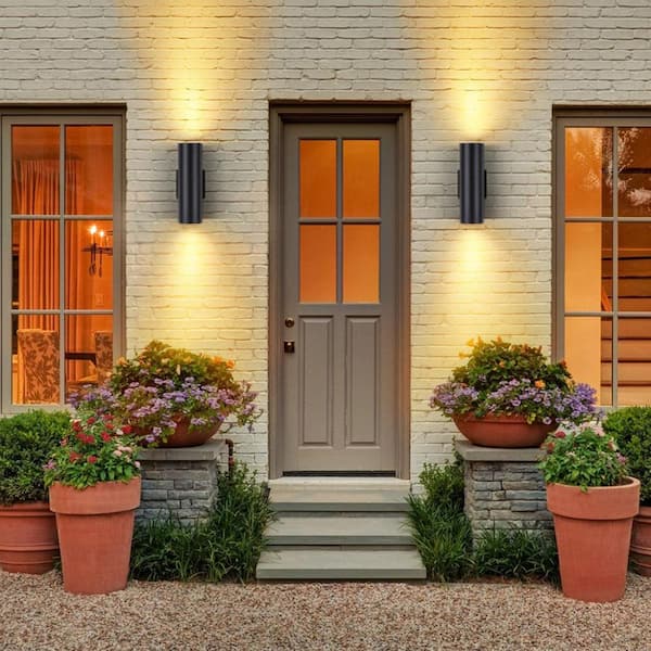 11.5 in. Black Aluminum Modern Indoor and Outdoor Cylinder LED Wall Lantern Scone (Set of 2)