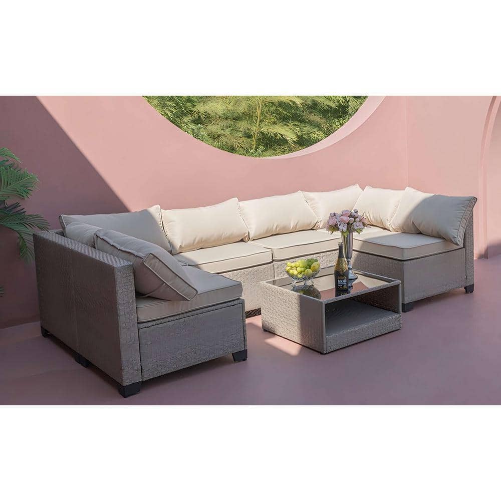 7-Piece Wicker Outdoor Patio Furniture Set, Boho Patio Glass Coffee Table S