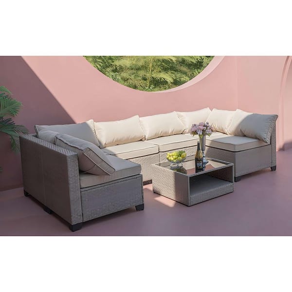 Unbranded 7-Piece Wicker Outdoor Patio Furniture Set, Boho Patio Glass Coffee Table Sectional Sofa with Beige Cushions