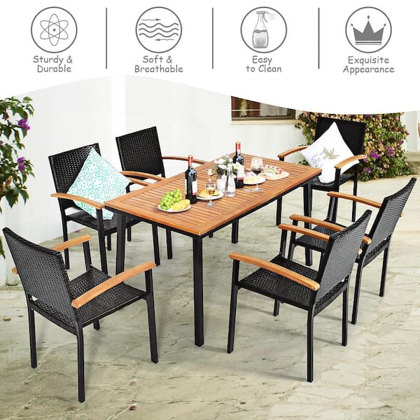 6 PCS Patio Rattan Dining Set Acacia Wood Table Stackable Outdoor Dining Set with Chair Bench